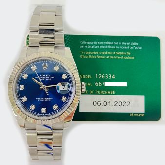 Rolex Datejust 41mm 126334, Oyster Bracelet, Bright Blue Diamond Dial, Oyster Bracelet