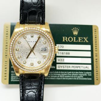 2008 Rolex Datejust 36, 116188, Yellow Gold, Silver Jubilee Diamond Dial, Diamond Bezel, Leather Bracelet, Box & Papers
