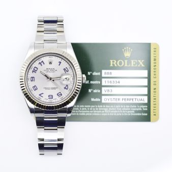 2010 Rolex Datejust II, 116334, 41mm, Steel & Gold, Silver Blue Arabic Dial, Oyster Bracelet, Box & Papers