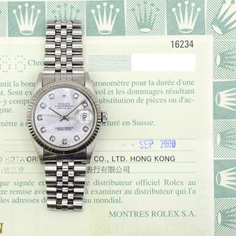 2000 Rolex Datejust 36, 16234, Steel & Gold, Mother of Pearl Diamond Dial, Jubilee Bracelet, Box & Papers