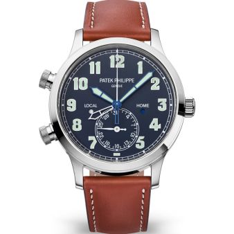Patek Philippe Calatrava Pilot Travel Time 5524G-001 Wristwatch, Brown Leather Strap, Blue Dial