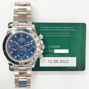 2022 Rolex Cosmograph Daytona, 116509, 40mm, White Gold, Blue Dial, Oyster Bracelet, Box & Papers