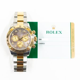 2017 Rolex Cosmograph Daytona, 116503, 40mm, Steel & Gold, Black Mother Of Pearl Diamond, Box & Papers