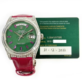 2022 Rolex Day-Date 36 128459TBR, White Gold, Polar Jade Ruby Diamond, Box & Papers