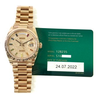 Rolex Day-Date 36 128235 Wristwatch, Diamond-Set President Bracelet, Diamond-Paved Dial, Fluted Bezel