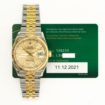 2021 Rolex Datejust 36, 126233, Steel & Gold, Golden Palm Motif Diamond Dial, Jubilee Bracelet, Box & Papers