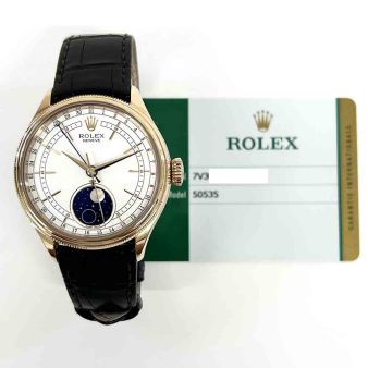 Rolex Cellini Moonphase 50535-0002, White Dial, Fluted Bezel, Leather Strap