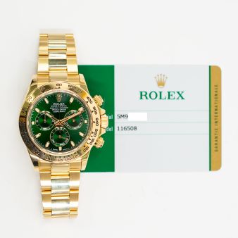 2018 Rolex Cosmograph Daytona, 116508, 40mm, Yellow Gold, Bright Green "John Mayer" Dial, Oyster Bracelet, Box & Papers