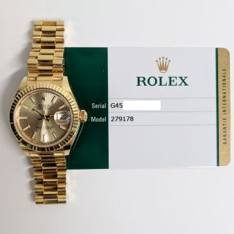 Rolex Lady-Datejust 28, 279178, Yellow Gold, Champagne Dial, President Bracelet, Box & Papers