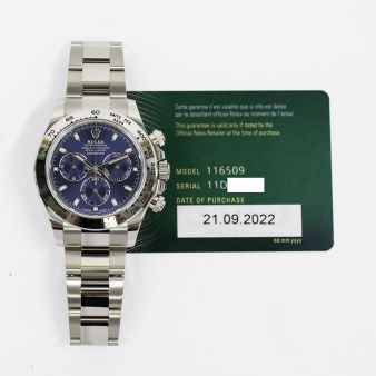 2022 Rolex Cosmograph Daytona, 116509, 40mm, White Gold, Blue Dial, Oyster Bracelet, Box & Papers