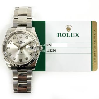 2020 Rolex Date 115234, 34mm, Steel & White Gold, Silver Arabic Diamond, Box & Papers