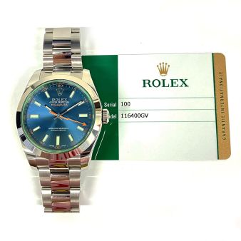 Rolex Men's Milgauss Stainless Steel 116400GV Wristwatch - Blue, Green Crystal, Oyster Bracelet