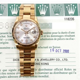2000 Rolex Day-Date 36 118235, President Bracelet, Rose Gold, Silver Diamond, Box & Papers