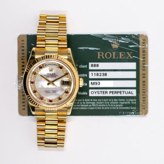 2008 Rolex Day-Date 36, 118238, Yellow Gold, Mother of Pearl Pave & Rubies Dial, President Bracelet, Box & Papers