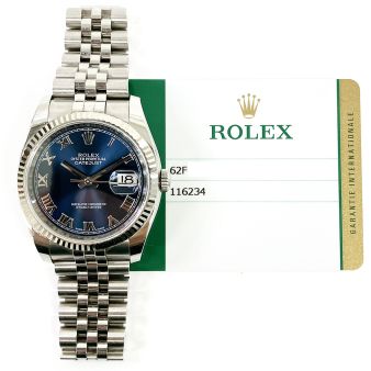 2018 Rolex Datejust 36 116234, Steel & White Gold, Blue Roman, Box & Papers