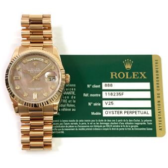 Rolex Day-Date 36 118235 Wristwatch, President Bracelet, Black Mother of Pearl Diamond Dial, Fluted Bezel