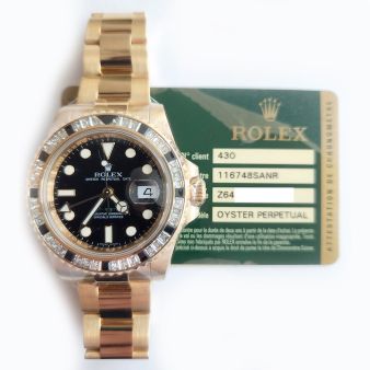 2012 Rolex GMT-Master II, 40mm, Black Dial, Sapphire & Diamond Bezel, Yellow Gold, 116758SANR, Box & Papers