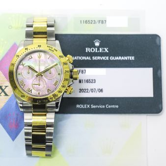 2005 Rolex Cosmograph Daytona, 116523, 40mm, Steel & Gold, Black Mother of Pearl Roman, Box & Papers