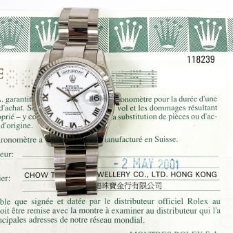 2001 Rolex Day-Date 36 118239, White Gold, White Roman, Box & Papers