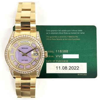 2022 Rolex Day-Date 36, Yellow Gold, Lavender Jade Carousel Dial, Diamond Bezel & Lugs, 118388, Box & Papers