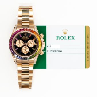 2019 Rolex Cosmograph Daytona, 116595RBOW, 40mm, Rose Gold, Black Rainbow Sapphire Baguette Dial, Box & Papers