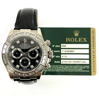 2008 Rolex Cosmograph Daytona, 40mm, White Gold, Black Diamond Dial, Baguette Diamond Bezel, 116589BR, Box & Papers