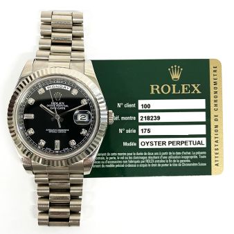 2014 Rolex Day-Date II, President Bracelet, 41mm, Black Diamond Dial, White Gold, 218239, Box & Papers