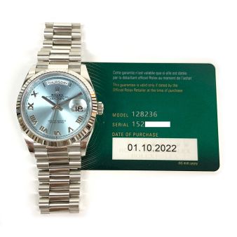 Rolex Day-Date 36 128236 Wristwatch, President Bracelet, Ice Blue Roman Dial, Fluted Bezel