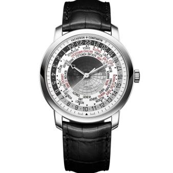 Vacheron Constantin Traditionnelle World Time 86060/000G-8982 Wristwatch, Black Leather Strap, Silver Dial