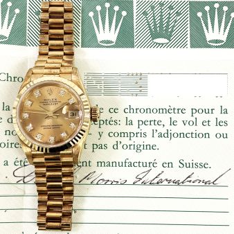 1991 Rolex Lady-Datejust 26 69178, Yellow Gold, President Bracelet, Champagne Diamond, Box & Papers