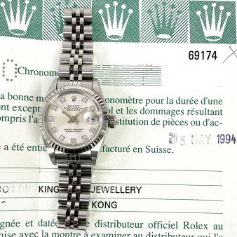 1994 Rolex Lady-Datejust 26 69174, Steel & White Gold, Silver Diamond, Box & Papers