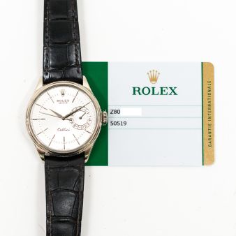 2018 Rolex Cellini Date, 50519, White Gold, Silver Guilloche Dial, Box & Papers