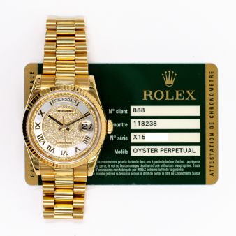 2013 Rolex Day-Date 36, 118238, Yellow Gold, Pave Roman Diamond Dial, President Bracelet, Box & Papers