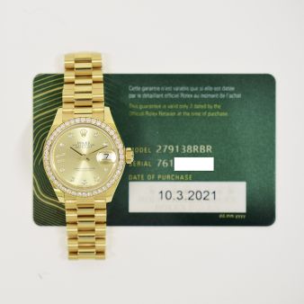 2021 Rolex Lady-Datejust 28, 279138RBR, Yellow Gold, Champagne Diamond, President Bracelet, Box & Papers