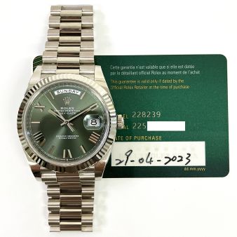 2023 Rolex Day-Date 40 228239, President Bracelet, White Gold, Olive Green Roman, Box & Papers