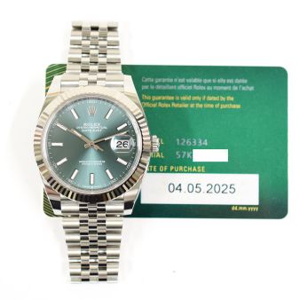 2025 Rolex Datejust 41, 126334, Steel & White Gold, Mint Green Index, Jubilee Bracelet, Box & Papers