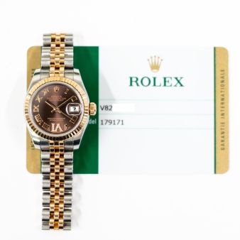 2015 Rolex Lady-Datejust 26, 179171, Steel & Gold, Chocolate Roman VI Diamond, Jubilee Bracelet, Box & Papers