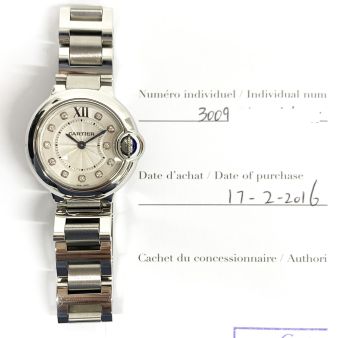 2016 Cartier WE902073 Ballon Bleu de Cartier, 28mm, Steel, Silver Diamond, Papers Only