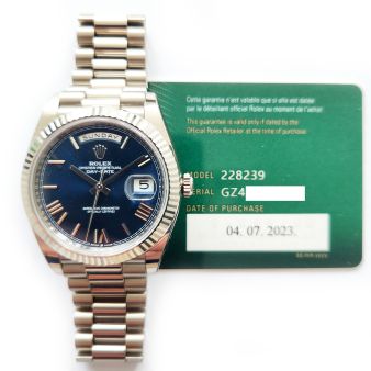 2023 Rolex Day-Date 40 228239, President Bracelet, White Gold, Bright Blue Roman, Box & Papers