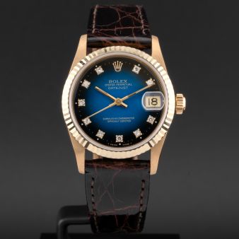 Rolex Datejust 31, 68278, Yellow Gold, Blue Vignette Diamond Dial, Leather Strap, Renewed