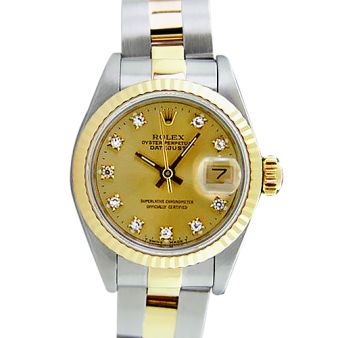 Rolex Lady Datejust Yellow Gold Steel Champagne Prong Diamond Dial 69173 Oyster Watch Chest