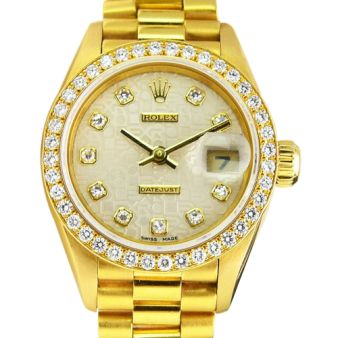 Rolex Lady Datejust Yellow Gold Silver Jubilee Diamond Dial Diamond Bezel 69138 President Watch Chest