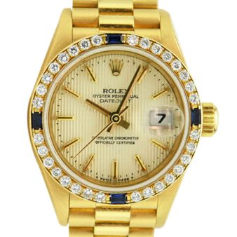 Rolex Lady Datejust President Yellow Gold Silver Tapestry Dial Sapphire Bezel 69178 Watch Chest