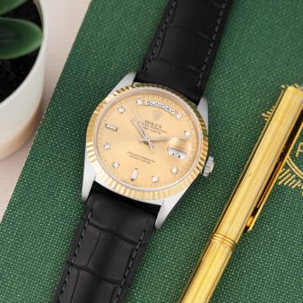 Rolex Day-Date 36 18239B, Yellow Gold & Steel, Champagne Diamond Dial, Leather Strap, Renewed 