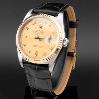 Rolex Day-Date 36 18239B, Yellow Gold & Steel, Champagne Diamond Dial, Leather Strap, Renewed 