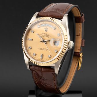 Rolex Day-Date 36 18239B, Yellow Gold, Champagne Diamond Dial, Leather Strap, Renewed 