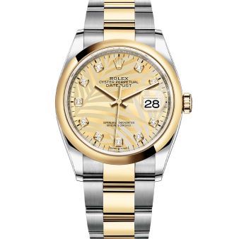 Rolex Datejust 36 126203 Wristwatch Oyster Bracelet Golden Palm Motif Diamond Dial Domed Bezel