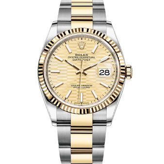 Rolex Datejust 36 126233 Wristwatch Oyster Bracelet Golden Fluted Motif Dial Fluted Bezel
