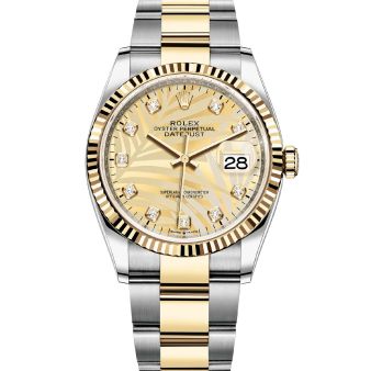 Rolex Datejust 36 126233 Wristwatch Oyster Bracelet Golden Palm Motif Diamond Dial Fluted Bezel