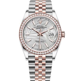 Rolex Datejust 36 126281RBR Wristwatch Jubilee Bracelet Silver Palm Motif Dial Diamond Bezel